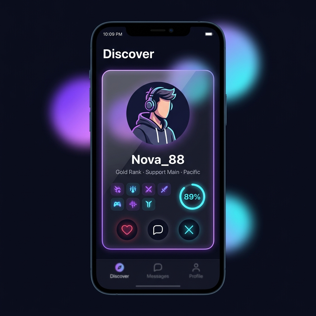 The nextduo discover screen showing a gamer profile card with game-aware match data