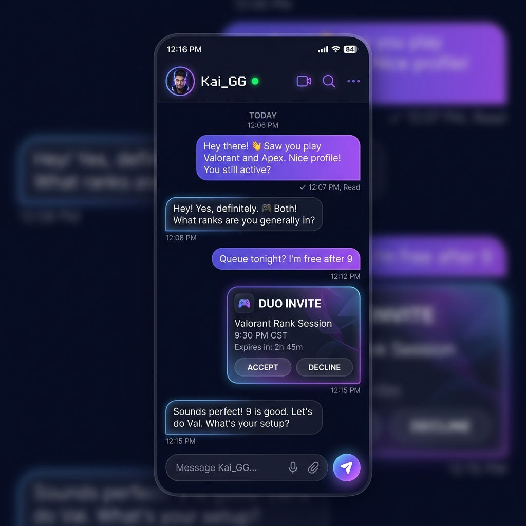 The nextduo messaging screen with a duo invite card in the chat