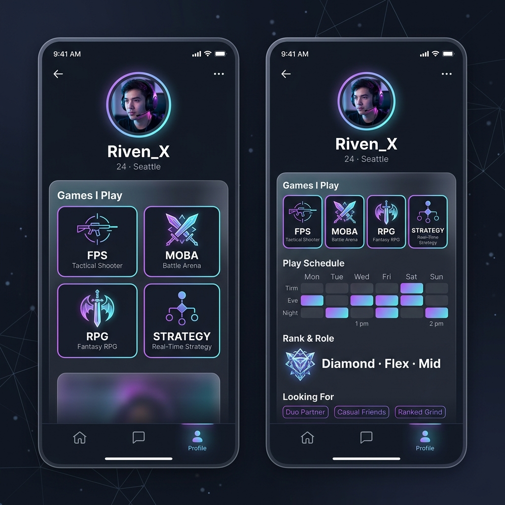 A nextduo profile showing game identity — main games, playstyle, schedule, and intent