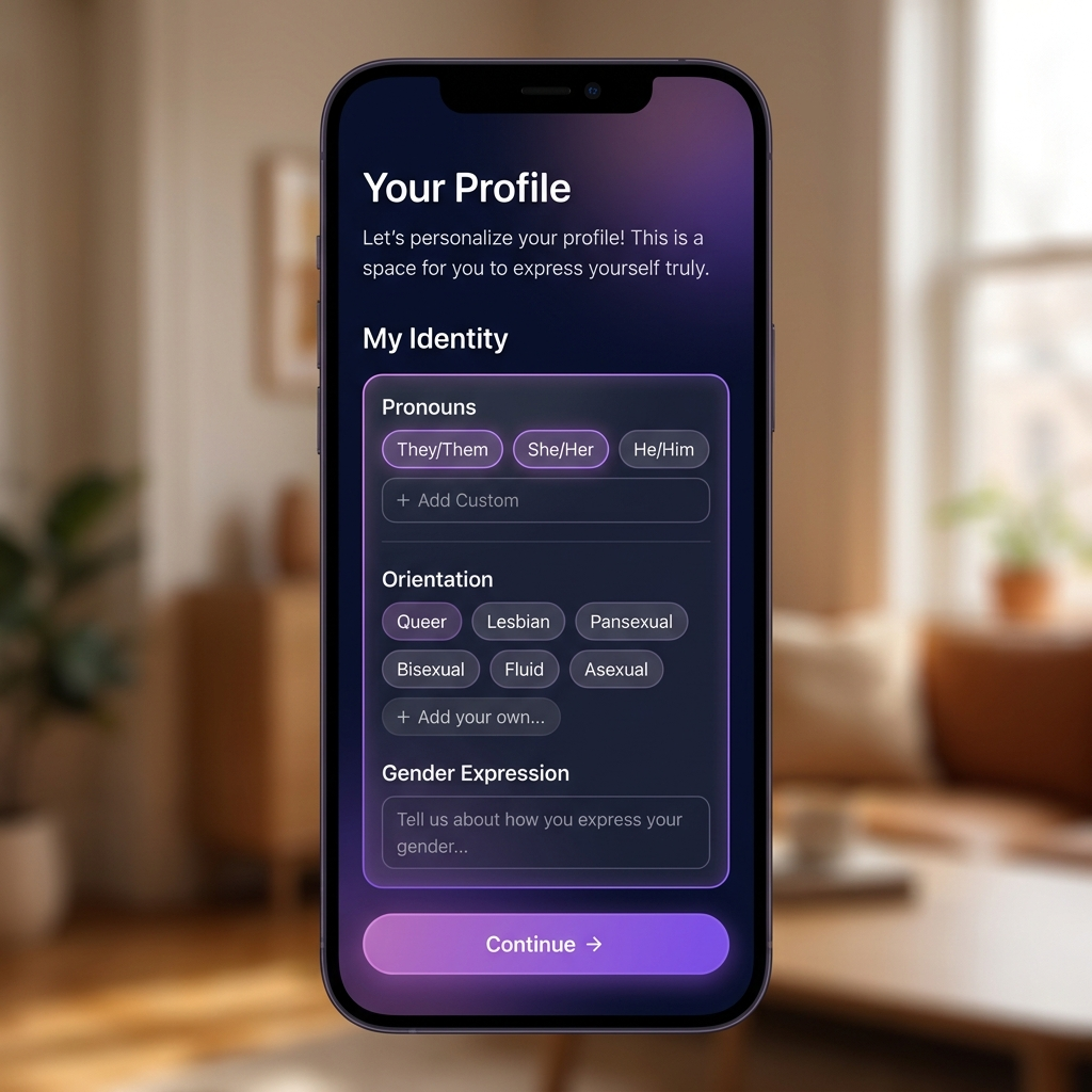 Inclusive identity controls: pronoun and badge chips in a warm UI